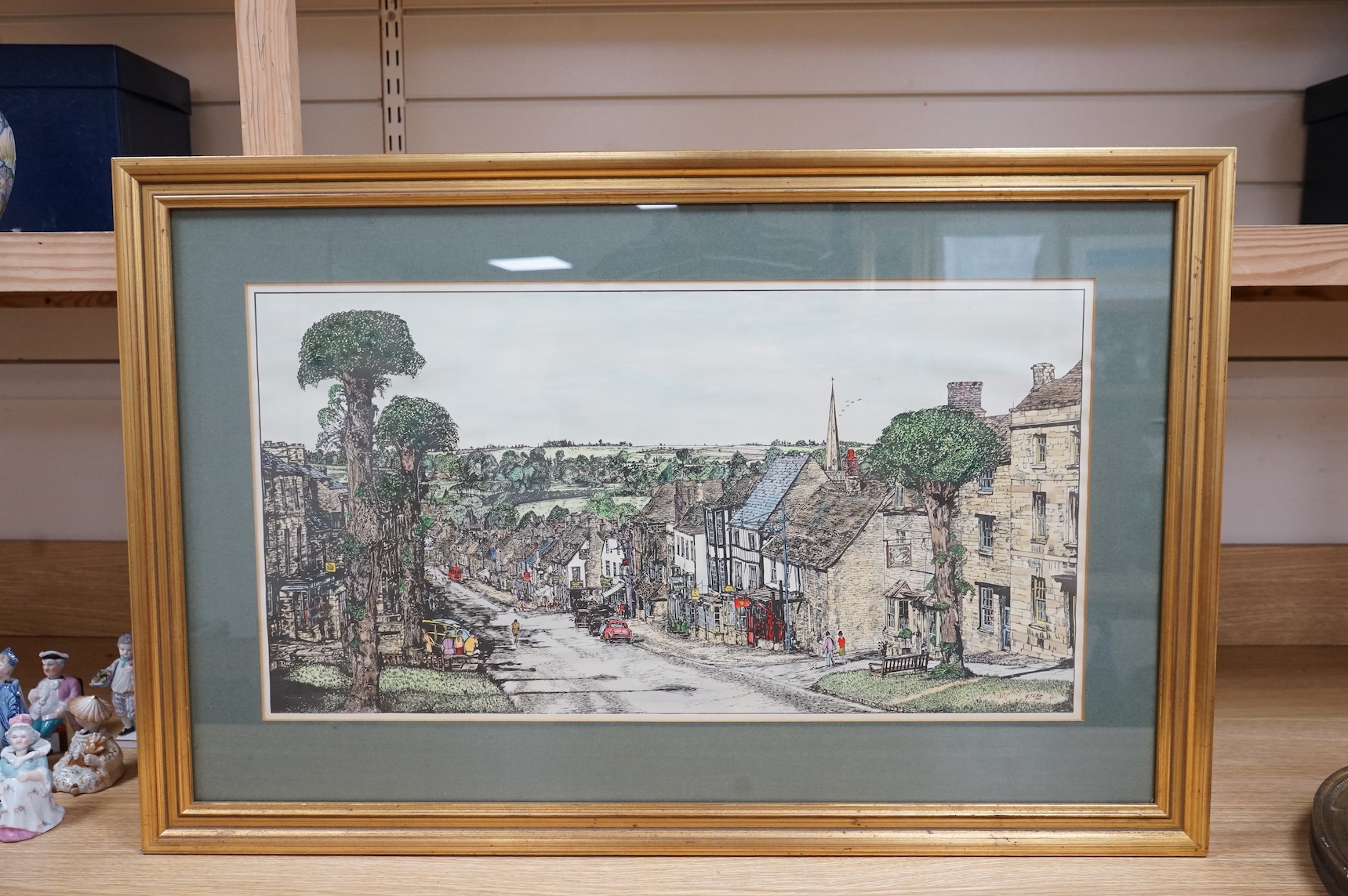 After G. J. L. Kew, Burford High Street, colour print, signed in the plate, 33 x 60cm
